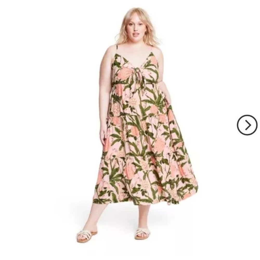 Floral Midi Dress with Green Palm Print